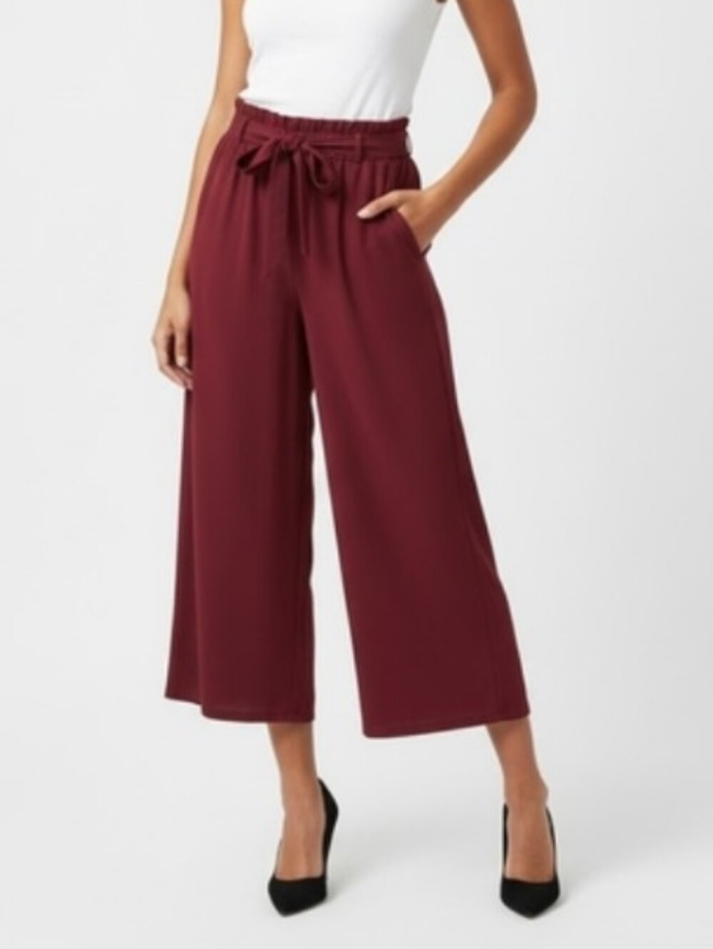 NEW Wide Leg Cropped Pants Tie Waist Belted Burgundy Red Womens One Size
